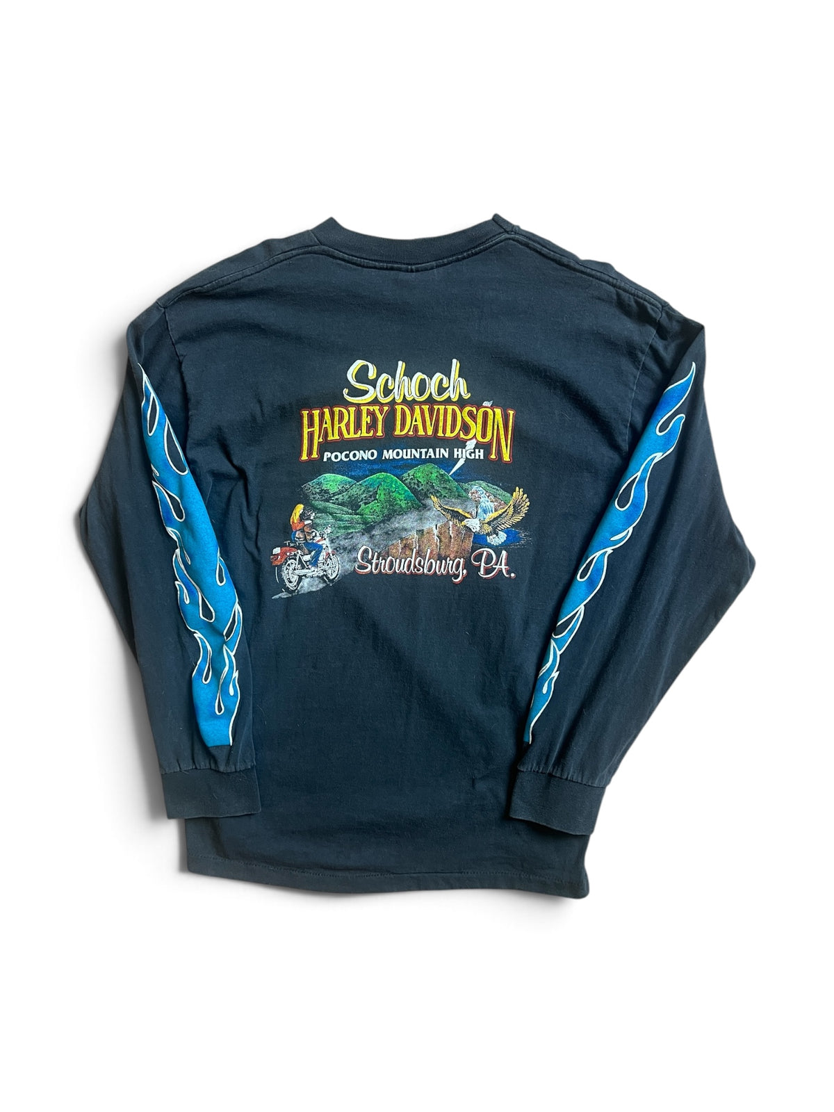 Bootleg Harley Davidson Pocono Mountain High Blue Flame Long Sleeve Tee Shirt